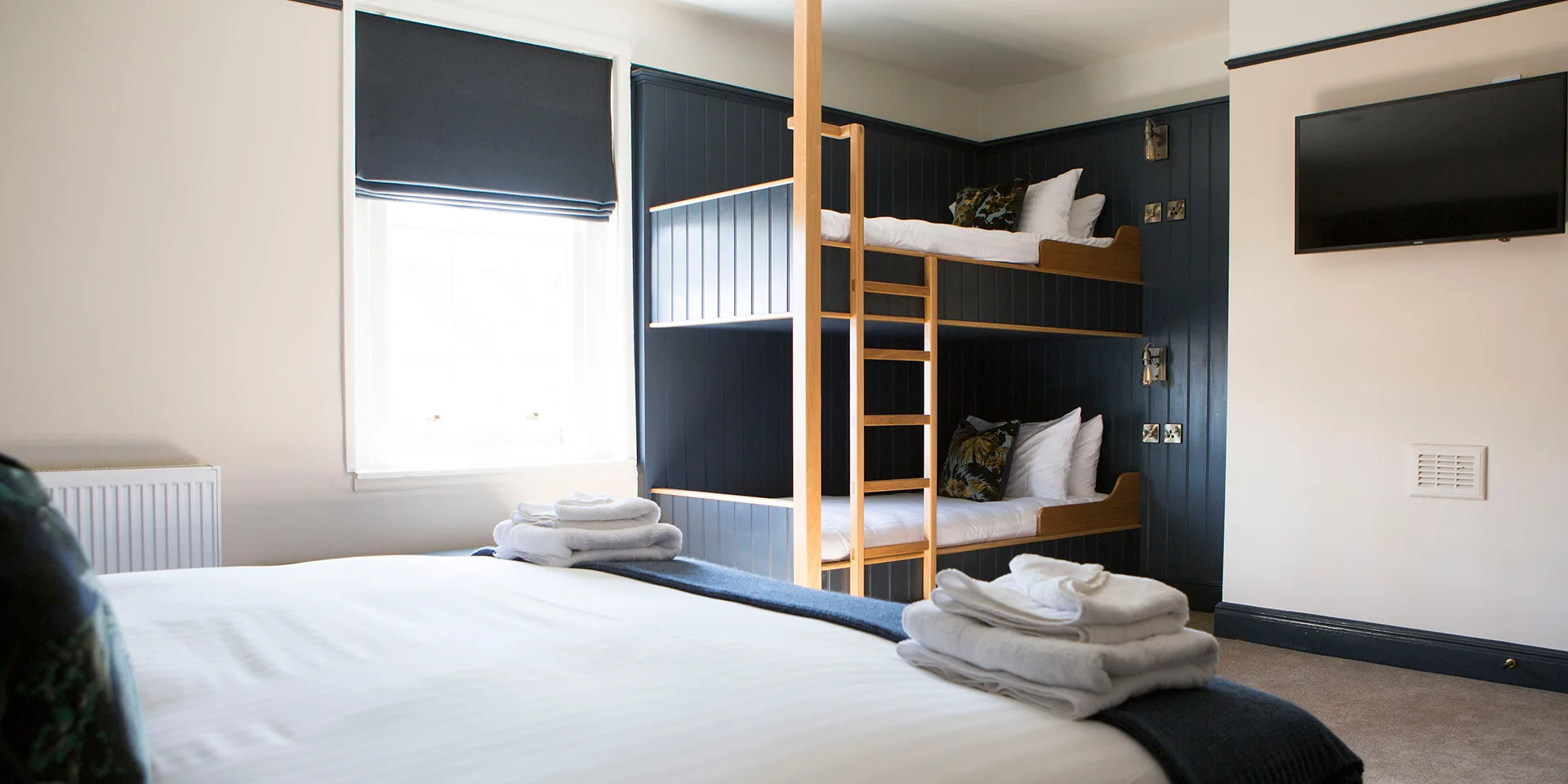 Our great family room features a cosy superking bed which can be twinned and a bunk bed with smart tv to keep the big and little kids entertained